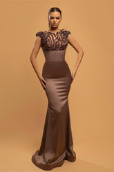 Mermaid Long Prom Dress with Chocolate Brown Cap Sleeves and Beads